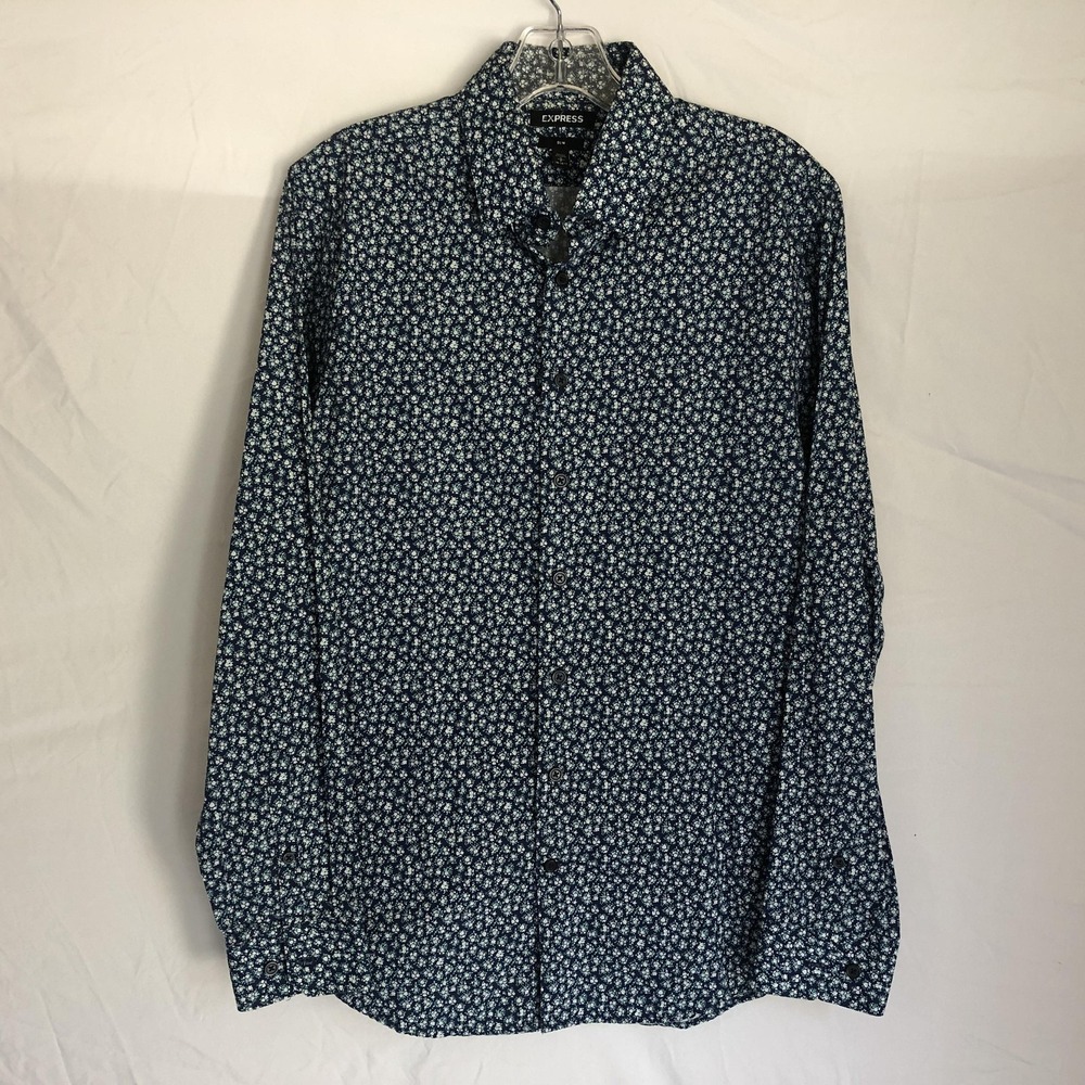 Express Shirt Mens Small Blue Floral Cotton Long Sleeve Slim Fit Button Front